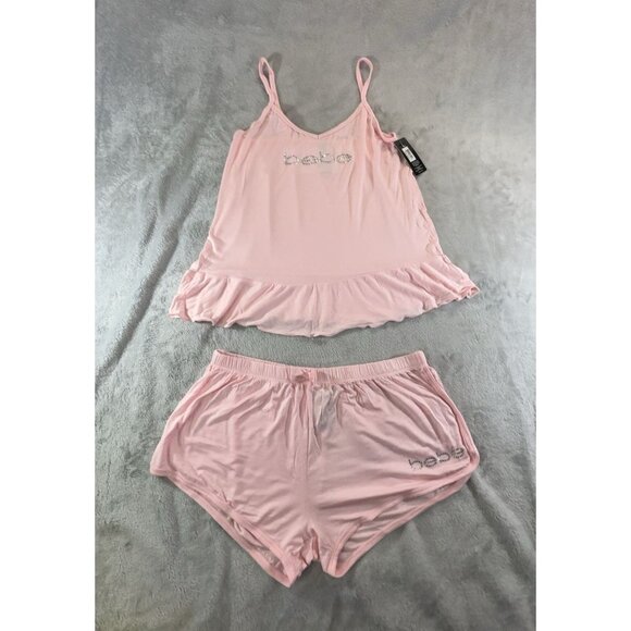 Bebe Sleepwear Women's Large Pink Tank & Shorts lounge set rhinestone logo NWT - Picture 1 of 9